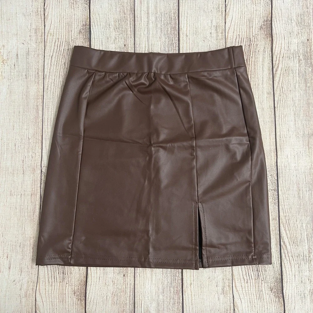 Sexy Brown Faux Leather Mini Skirt Side Thigh Slit High Waist Bodycon Size Small